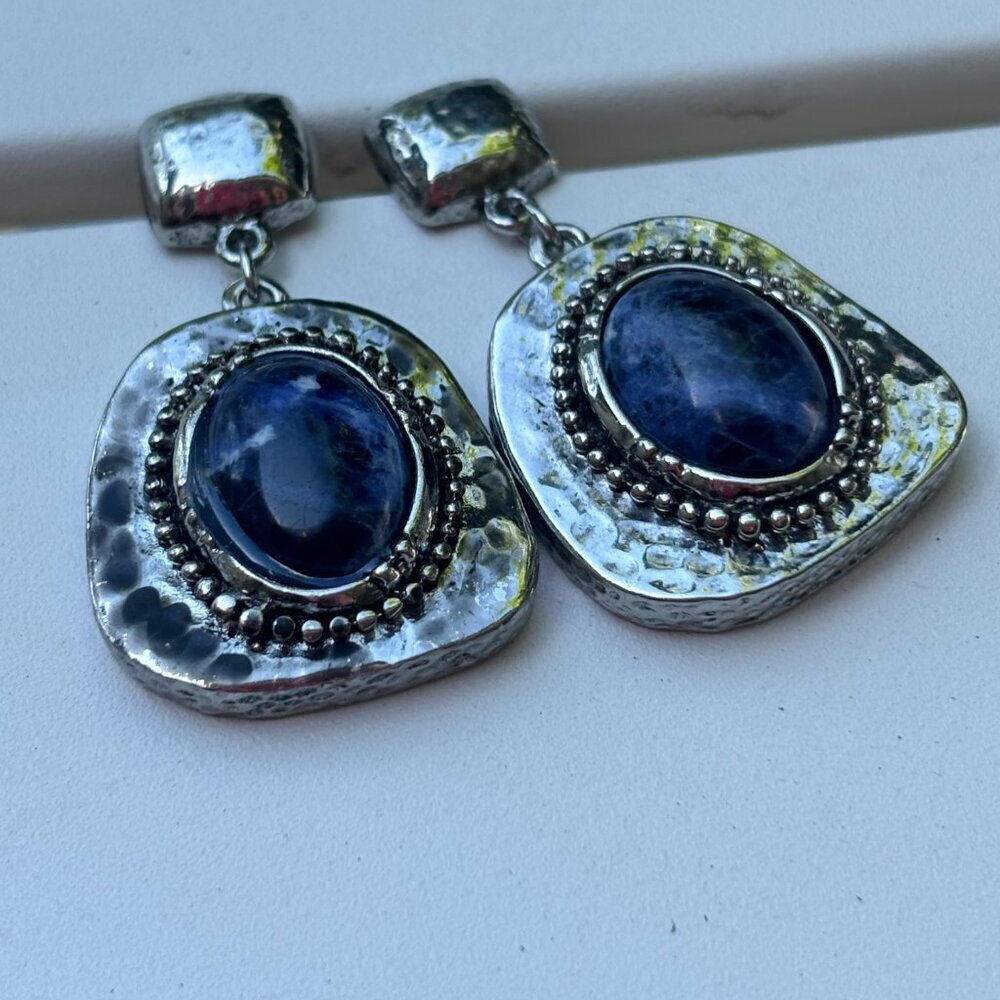 Sodalite Bold Blue Hammered Boho Silver Tone Metal Dangling Earrings